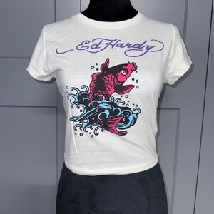 Ed Hardy Womens Cream Baby Tee Koi‎ Fish Tattoo Graphic Crop Top Size Medium